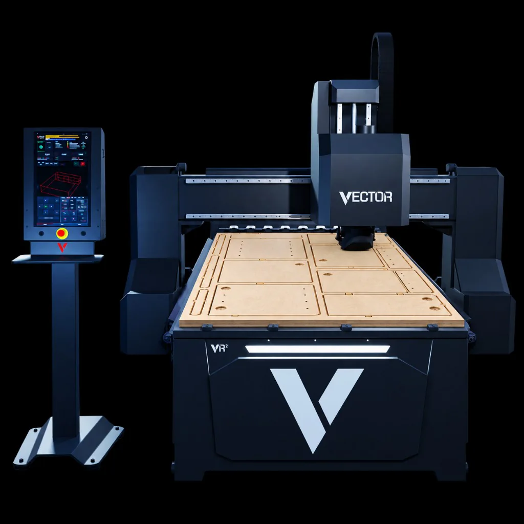 Vector VR2 industrial CNC router with routed furniture and joinery panel components on the table