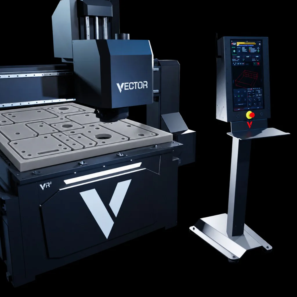 Vector VR2 industrial CNC router with routed specialist sheet components and the V-CUT operator station