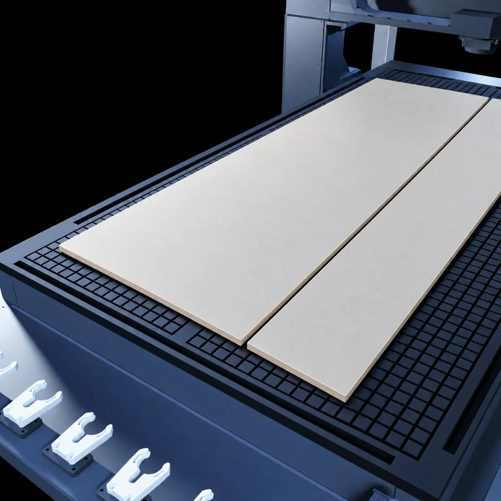 Two prepared sheet sections positioned on the Vector VR2 table for trimming or dividing