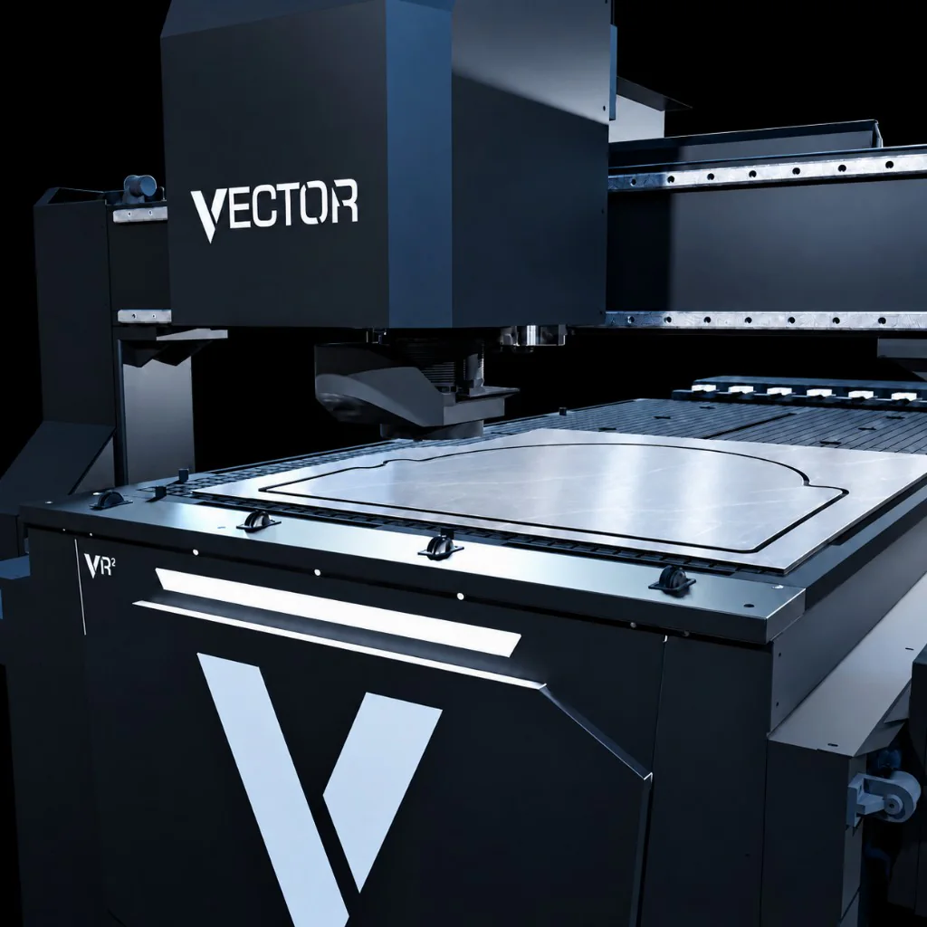 Vector VR2 industrial CNC router cutting a shaped component from sheet material