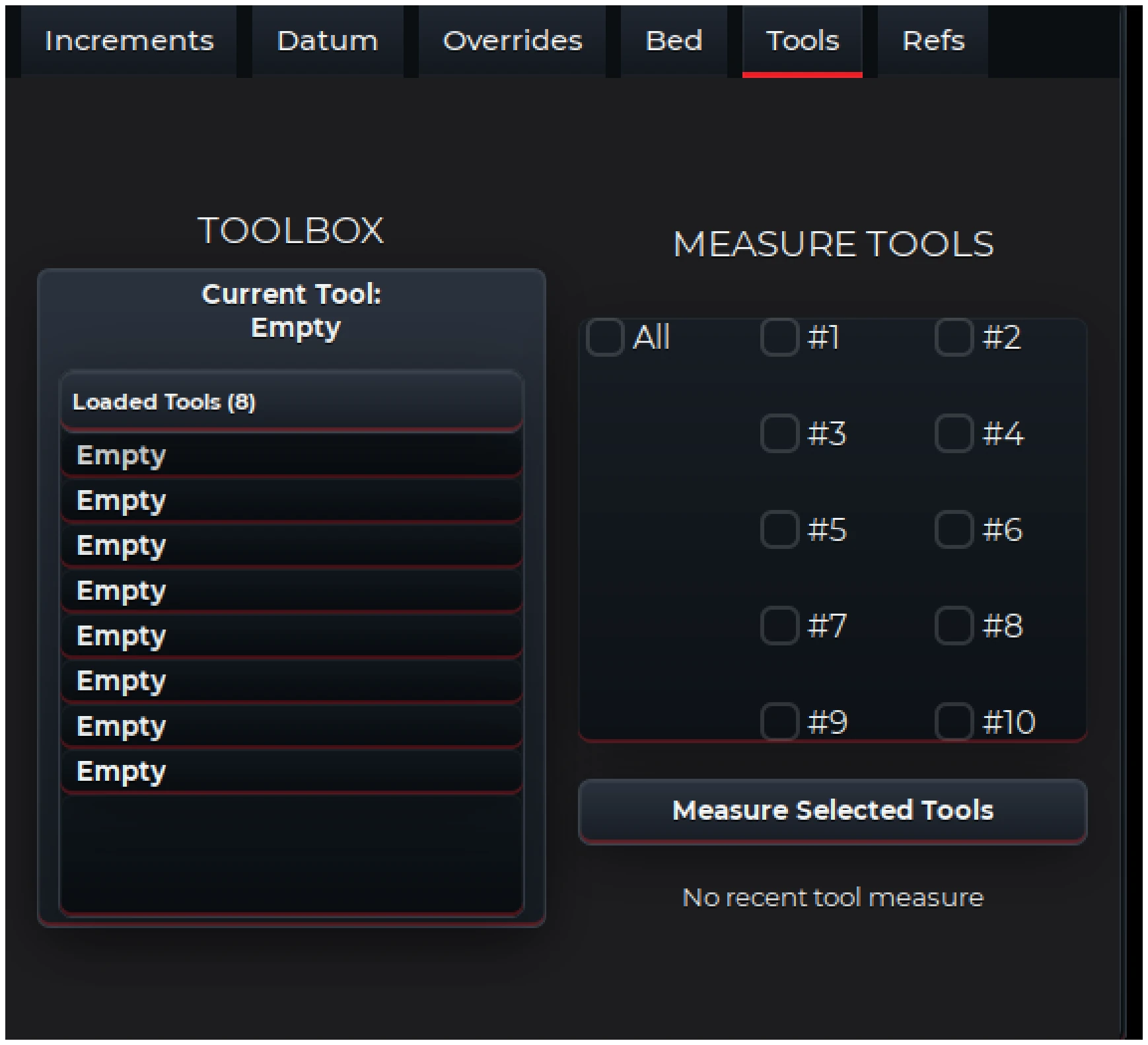 V-CUT Tools screen showing the current tool, loaded tool stations and measurement selection
