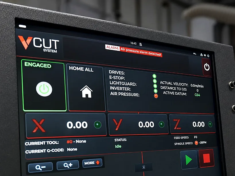 V-CUT operator screen showing an air pressure alarm, axis positions and machine status