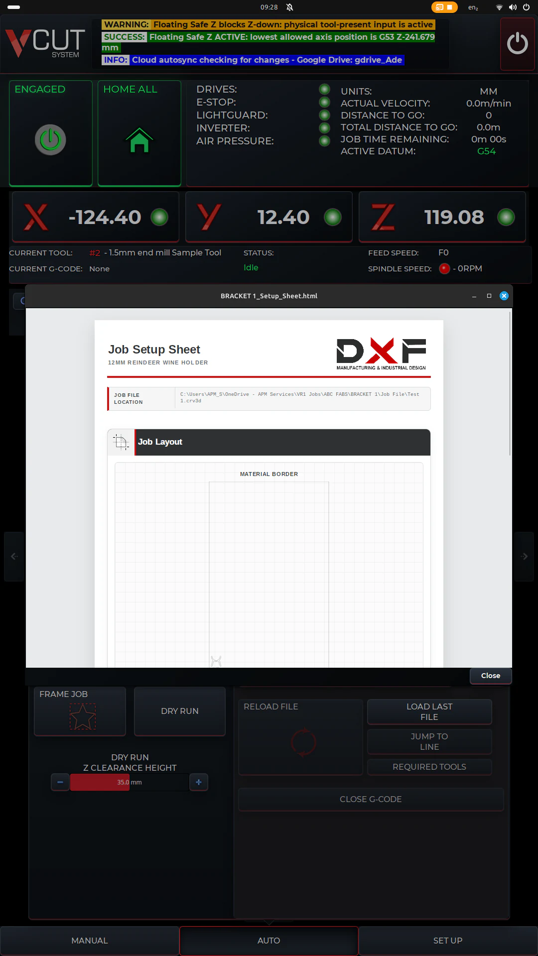 V-CUT Auto workspace displaying a job setup sheet with frame, dry-run and required-tool controls